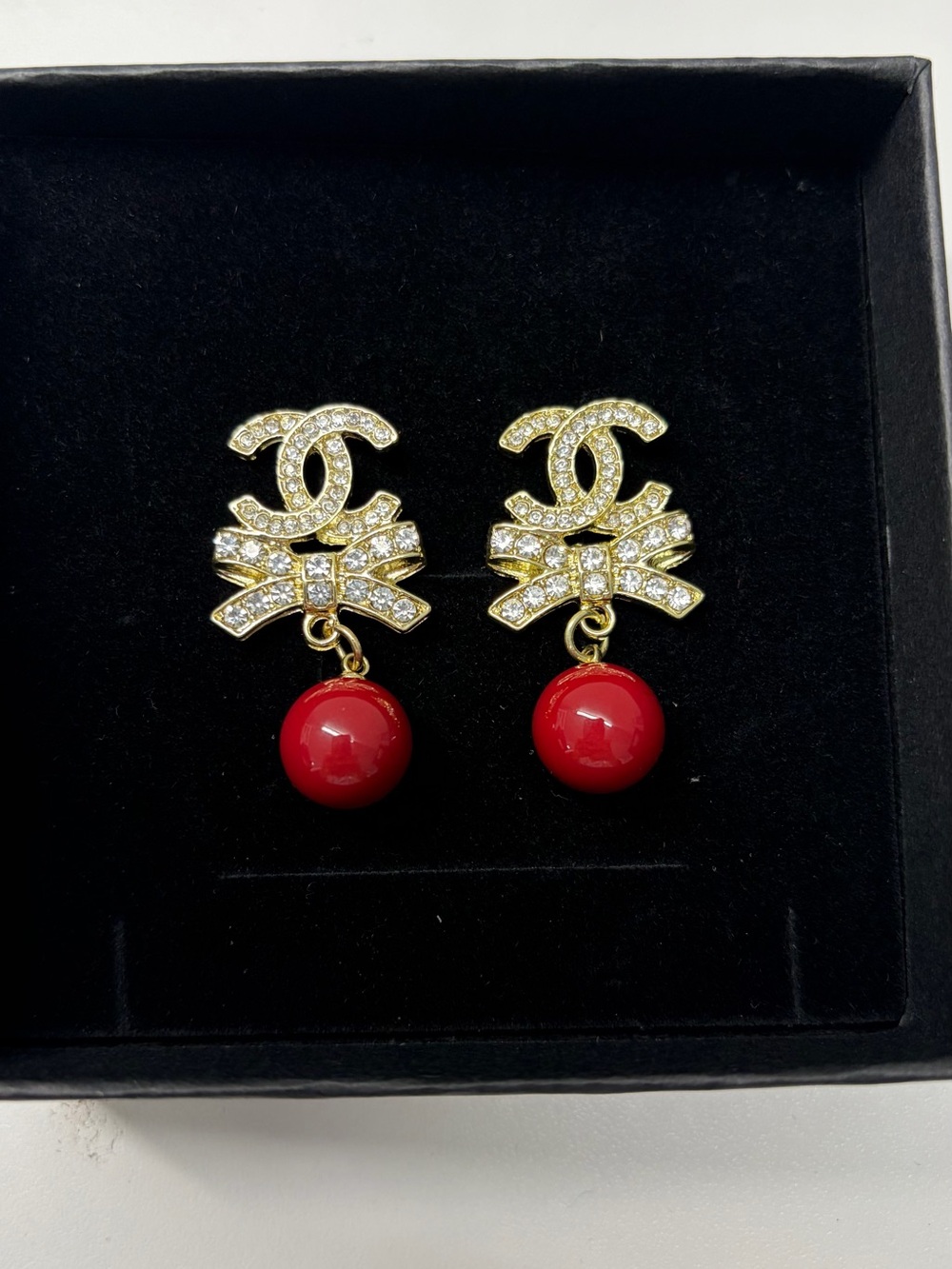 Gold Crystal Bow Drop Earrings with Red Bead - Picture 2 of 4